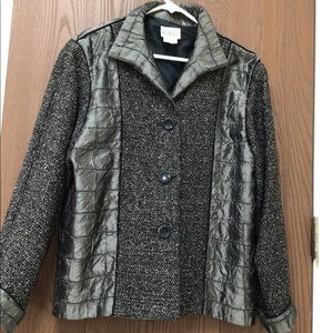 Barbara Perry fiber artist gray silk jacket tweed panel front, sz S